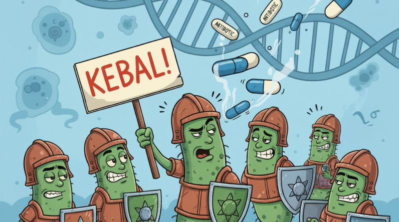 Ilustrasi perisai bakteri melawan pil antibiotik, simbol resistensi terhadap antibiotik dan bahaya pengobatan yang tidak efektif.