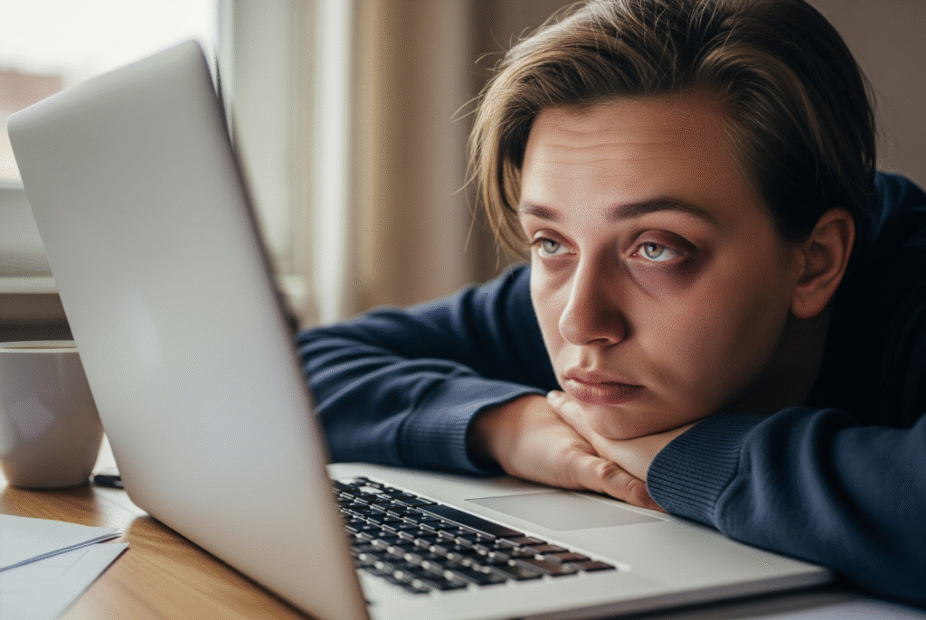 Seorang pekerja menunjukkan beberapa tanda burnout seperti kelelahan emosional di depan laptop.