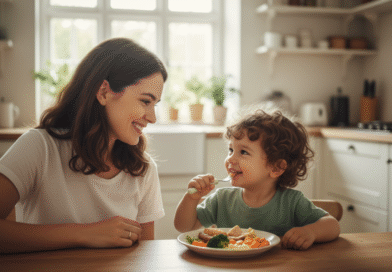 Ibu tersenyum mendampingi balita yang sedang makan sendiri di meja makan. Gambar ini menunjukkan cara mengatasi anak susah makan dengan menciptakan suasana positif.