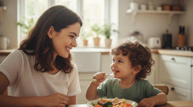 Ibu tersenyum mendampingi balita yang sedang makan sendiri di meja makan. Gambar ini menunjukkan cara mengatasi anak susah makan dengan menciptakan suasana positif.