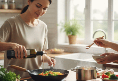 Seseorang sedang membatasi takaran gula garam lemak saat memasak di rumah untuk diet sehat.