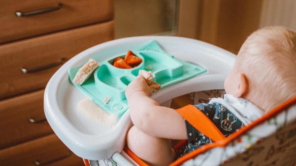 Bayi duduk di kursi makan meraih finger food lunak dari piring makan, contoh MPASI 8 bulan